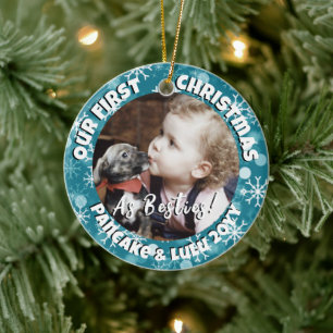Puppy and Baby's 1st Christmas Photo Blue Snow Ceramic Tree Decoration