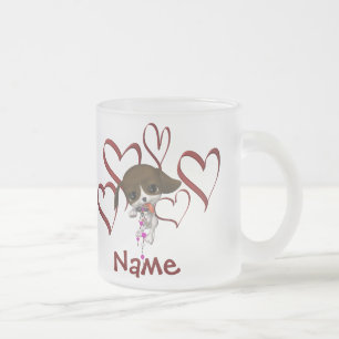 Puppy And Hearts Monogram Name Personalised Frosted Glass Coffee Mug