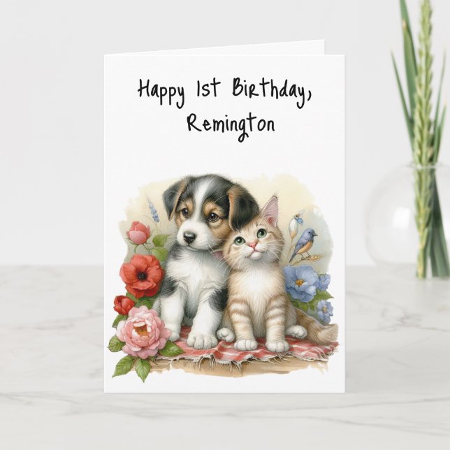 Puppy and Kitten Baby First Birthday Greeting Card (Front)