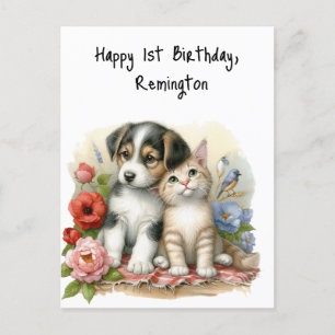 Puppy and Kitten Baby First Birthday Personalised Postcard