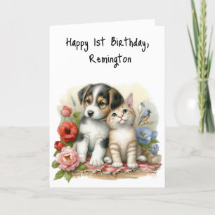 Puppy and Kitten Baby First Birthday Personalised Thank You Card