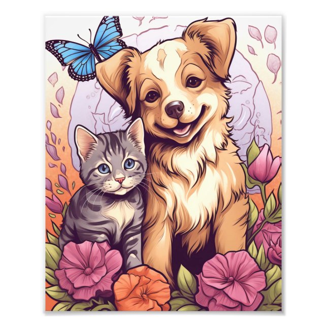 Puppy and Kitten,Butterfly and Flower Game  Photo Print (Front)