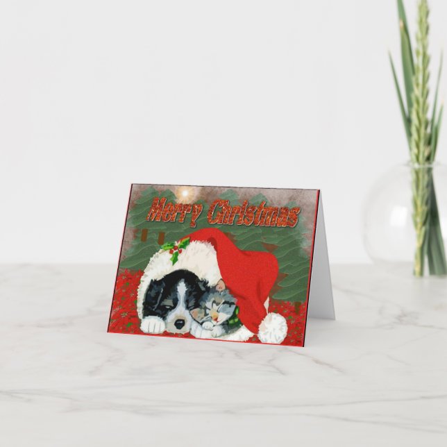 Puppy and Kitten Christmas Cuddle Note Card (Front)
