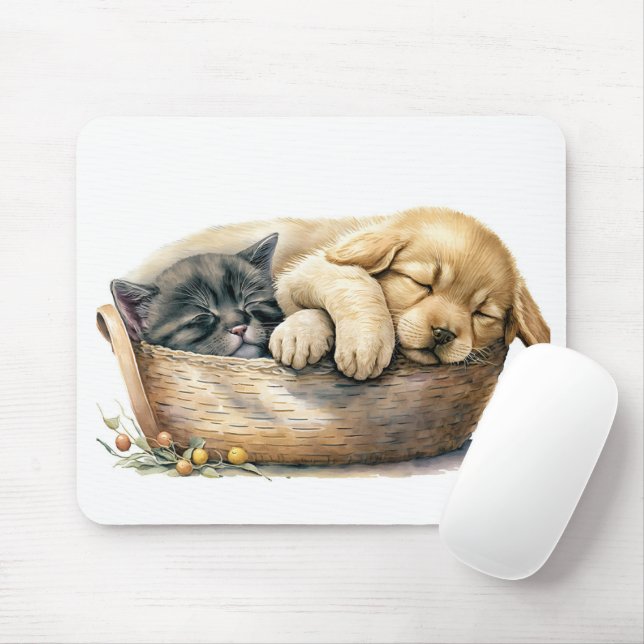 Puppy And Kitten In Basket Mouse Mat (With Mouse)