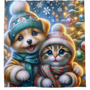 “Puppy and Kitten’s First Christmas Snowfall" Shower Curtain