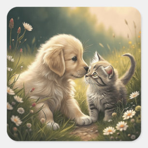 Puppy And Kitten Square Sticker