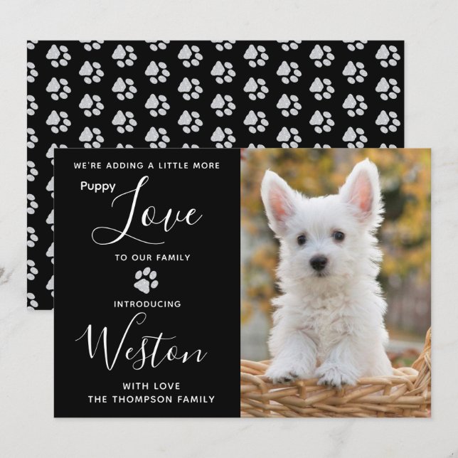 Puppy Announcement - Elegant Black Modern New Pet (Front/Back)