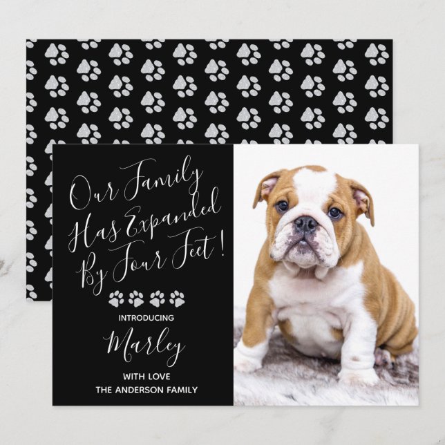 Puppy Announcement - Elegant Modern Black New Pet (Front/Back)