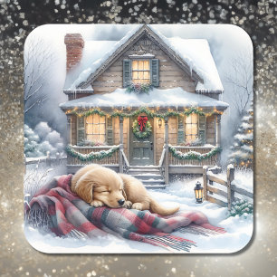 Puppy Asleep on Festive Front Porch Christmas Square Sticker