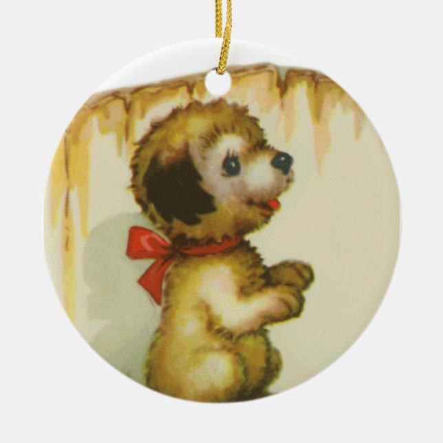 puppy at fence ceramic tree decoration (Front)
