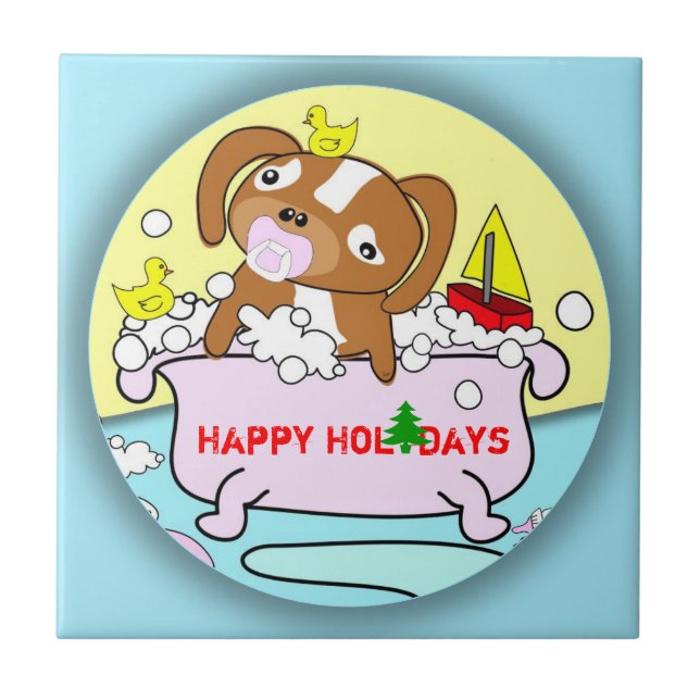 Puppy Bathtub Happy Holidays Tile (Front)