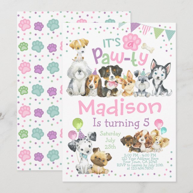 Puppy Birthday Invitation, Dog Birthday Party Invitation (Front/Back)
