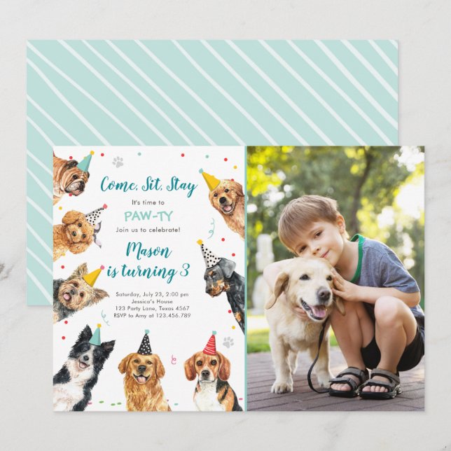 Puppy Birthday Invitation Dog Party Pawty Boy (Front/Back)