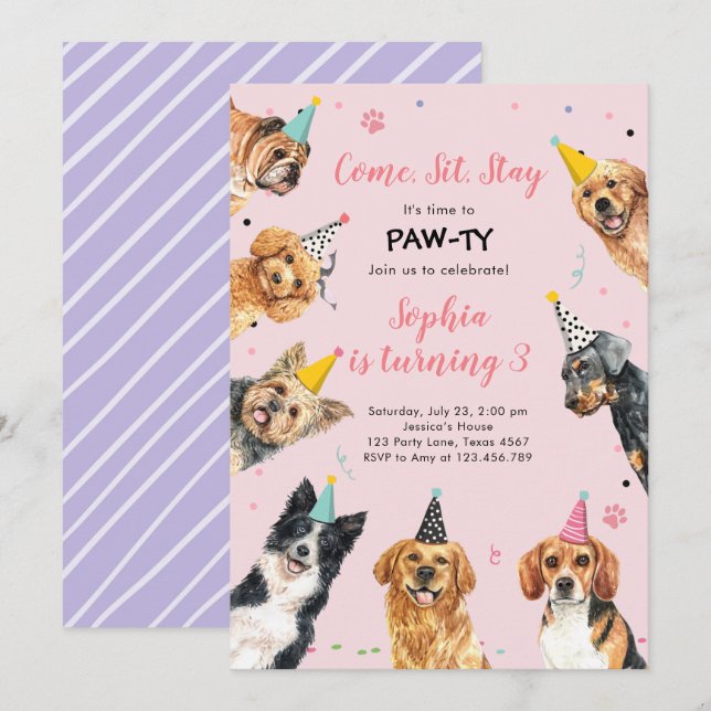 Puppy Birthday Invitation Dog Party Pawty Girl (Front/Back)
