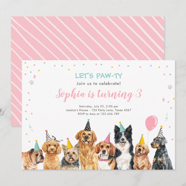 Puppy Birthday Invitation Dog Party Pawty Girl (Front/Back)