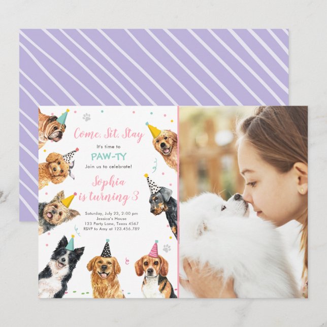 Puppy Birthday Invitation Dog Party Pawty Girl (Front/Back)