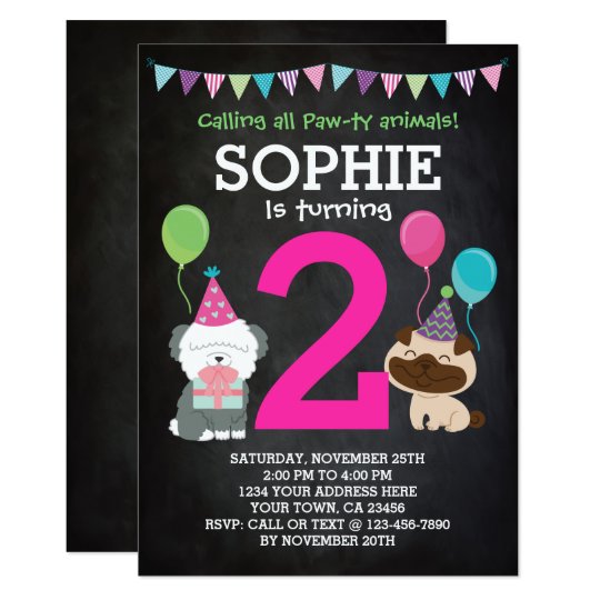 Puppy Birthday Invitation for girls, chalkboard