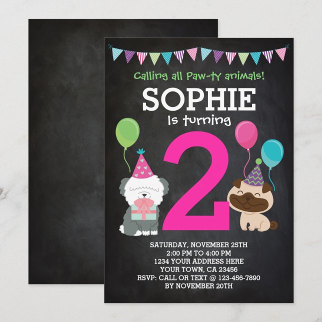 Puppy Birthday Invitation for girls, chalkboard (Front/Back)