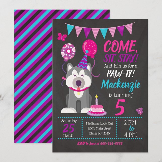 Puppy Birthday Invitation Girl Paw-ty Husky (Front/Back)