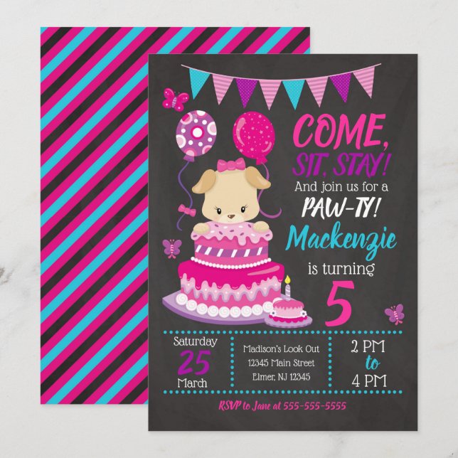 Puppy Birthday Invitation Girl Paw-ty Party (Front/Back)