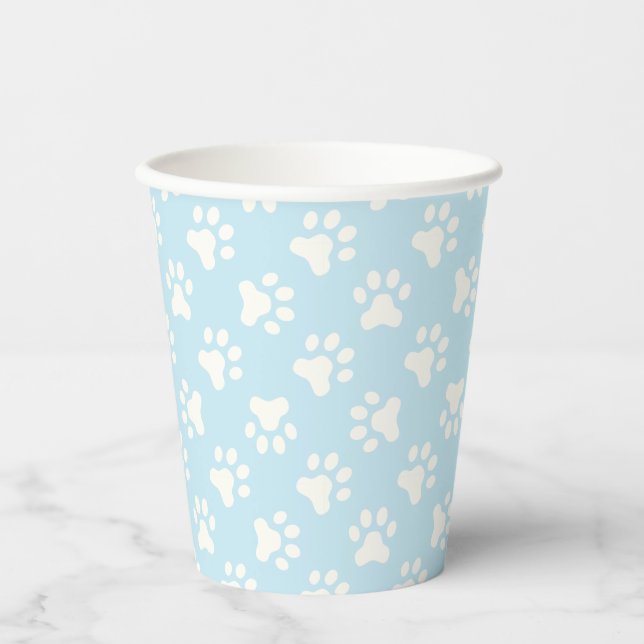 Puppy birthday party blue paw prints paper cups (Front)