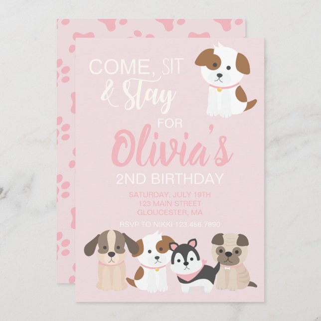 Puppy birthday party invitation Pink (Front/Back)