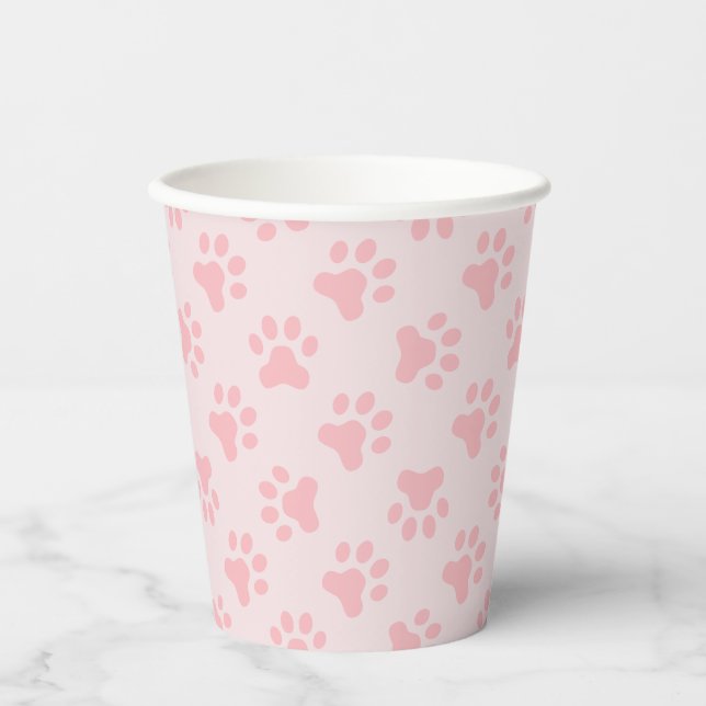 Puppy birthday party pink paw prints paper cups (Front)