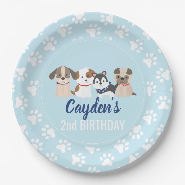 Puppy birthday party plates blue paw prints (Front)