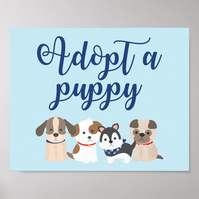 Puppy Birthday Party Sign Adopt a Puppy Blue (Front)