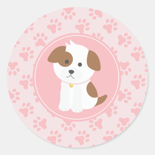 Puppy Birthday Party Sticker mint  and pink (Front)