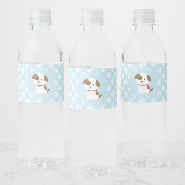 puppy birthday party water bottle labels blue (Bottles)