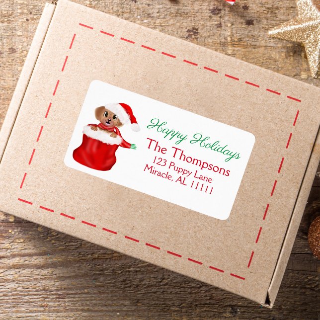 Puppy Bulldog In Santa's Bag Happy Holidays Label (Creator Uploaded)