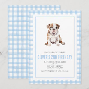 Puppy bulldog preppy plaid birthday invitation