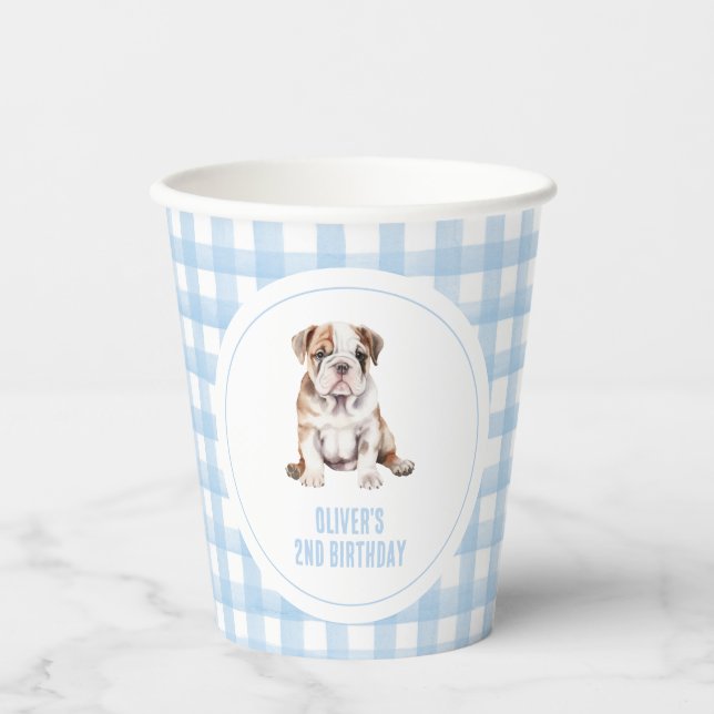 Puppy bulldog preppy plaid birthday paper cups (Front)
