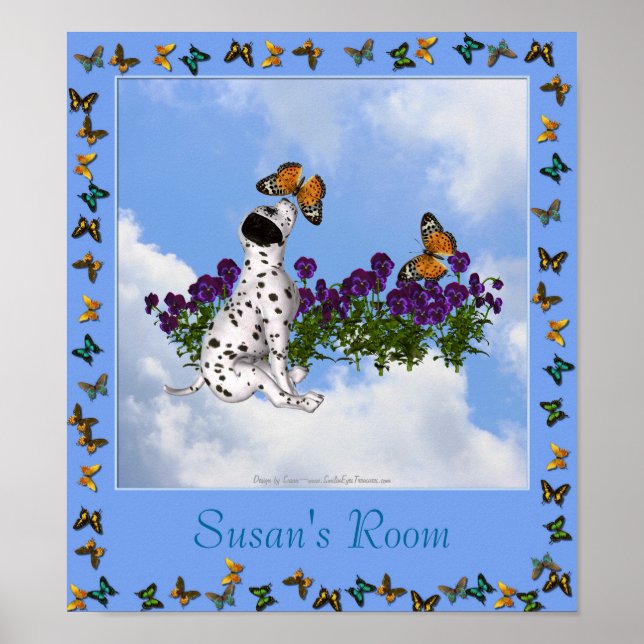 Puppy Butterflies Violets Kids Room Personalised Poster (Front)