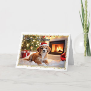 Puppy by Fireplace Christmas Card
