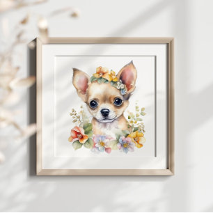 Puppy Chihuahua pet watercolour flower Poster