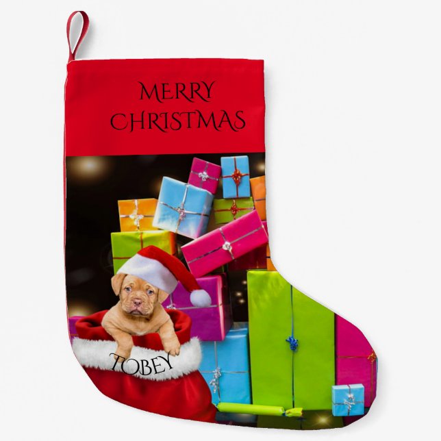 Puppy christmas stocking with custom name. (Front)