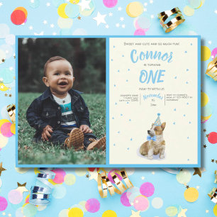 Puppy 🐶 Corgi Boys First Birthday Party Photo Invitation