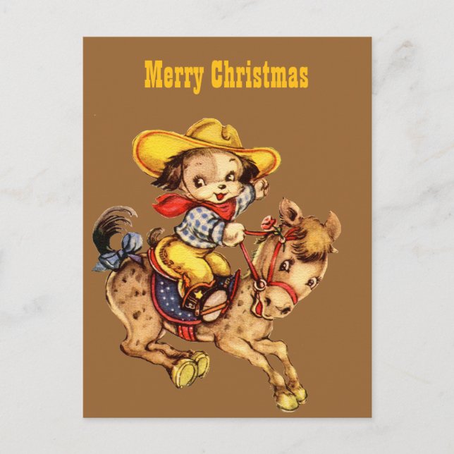 Puppy Cowboy on His Horse Merry Christmas Holiday Postcard (Front)