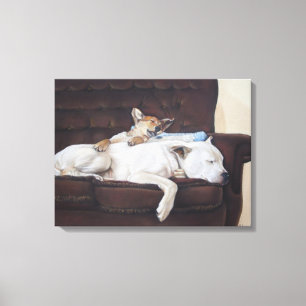 puppy cuddling white american bulldog realist art canvas print