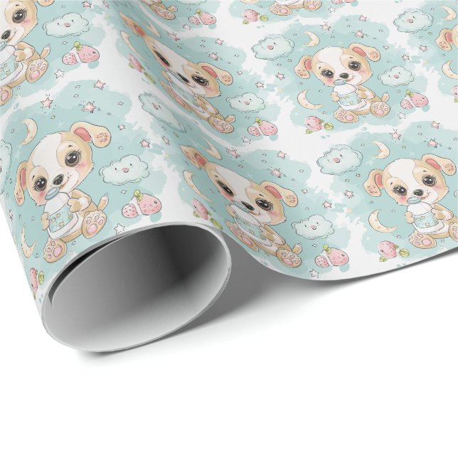 Puppy Cute Baby Pastel Watercolor Pattern  Wrapping Paper (Roll Corner)