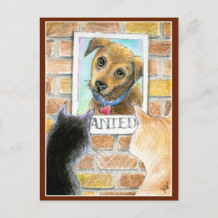 Puppy dog and cat cute art post card