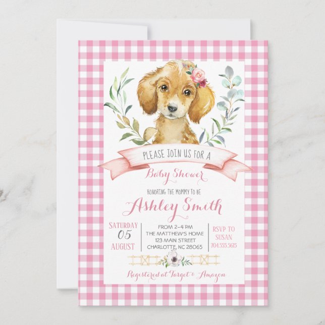 Puppy dog baby shower invitation pink girl (Front)