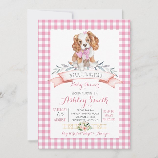 Puppy dog baby shower invitation pink girl (Front)