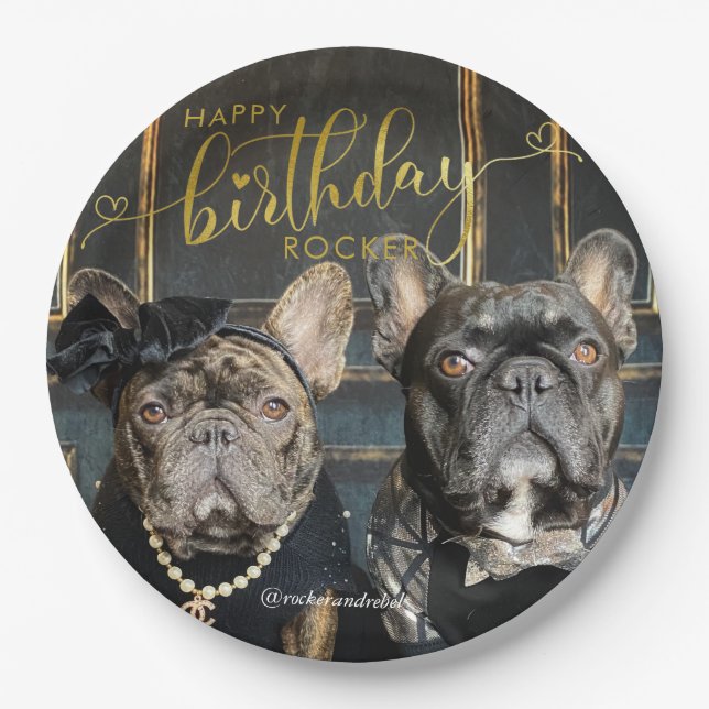 Puppy Dog Birthday Add Photo and Text Gold Script Paper Plate (Front)