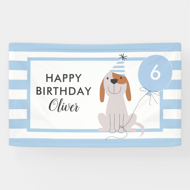 Puppy Dog Birthday Banner Blue Stripes (Horizontal)