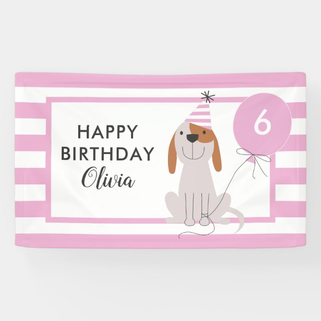 Puppy Dog Birthday Banner Pink Stripes (Horizontal)