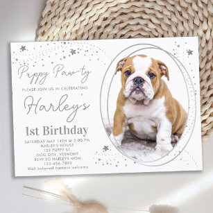 Puppy Dog Birthday Custom Pet Photo Silver Stars Invitation