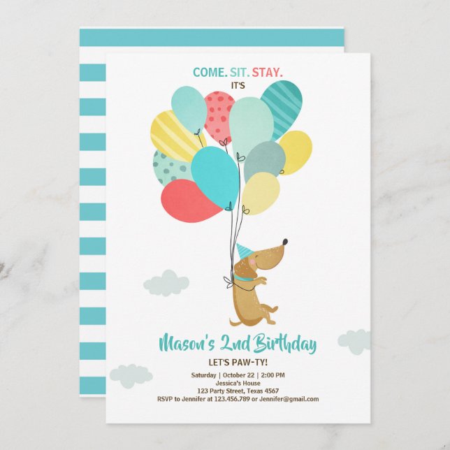 Puppy dog Birthday invitation Balloons Boy Blue (Front/Back)